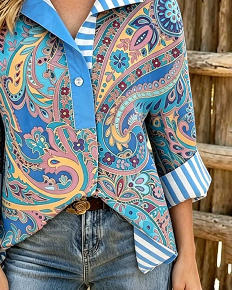 Bluse Patchwork Blomstrende Tryk Casual