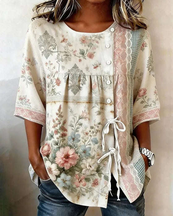 Bluse Retro Blomstermønster Afslappet