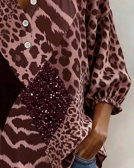 Bluse Firkantet Hals Leopardprint Patchwork Paljet