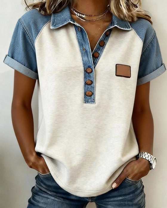 T-Shirt Denim Farve Blok Kort Ærme