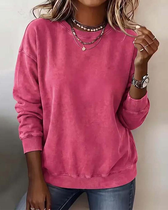 Sweatshirt Rund Hals Nedfalds Skulder Lang Ærme Løs