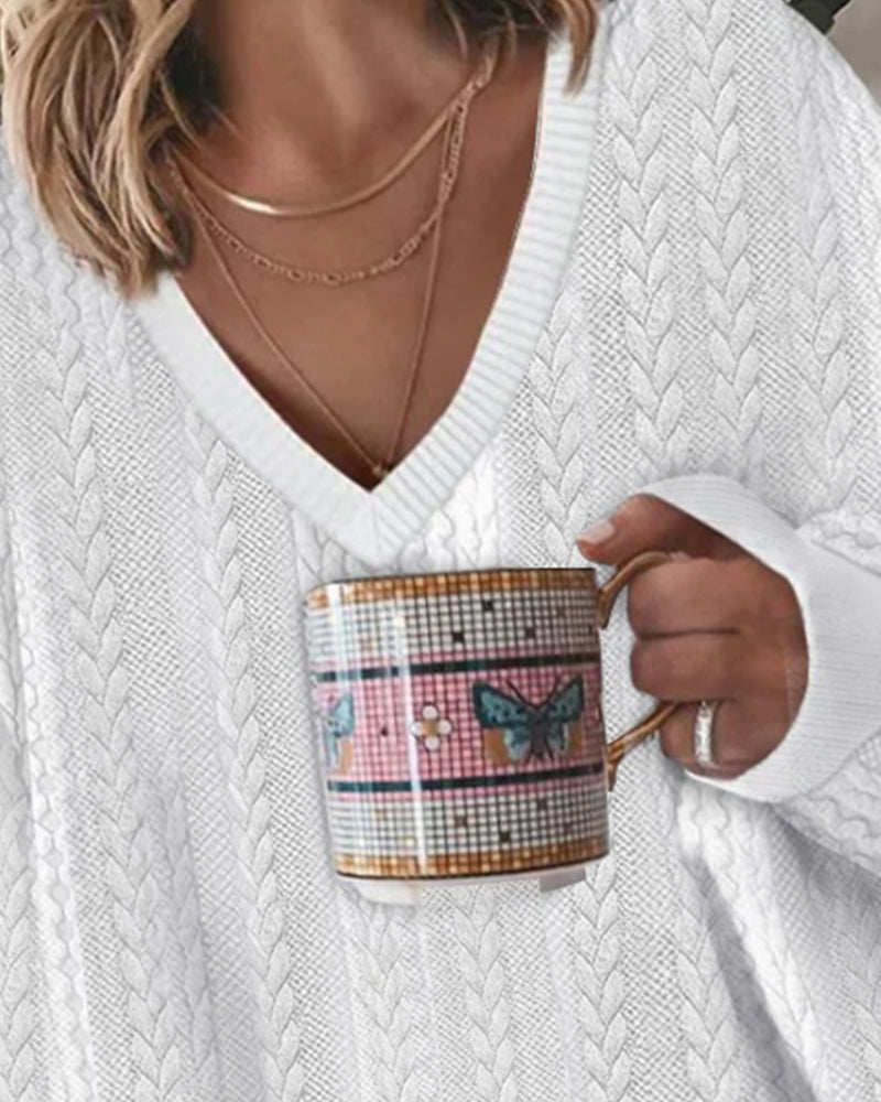 Sweatshirt V-Hals Løs Jacquard