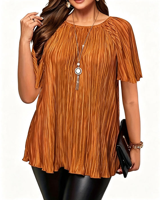 T-Shirt Plus Size Solid Plisseret Kort Ærme
