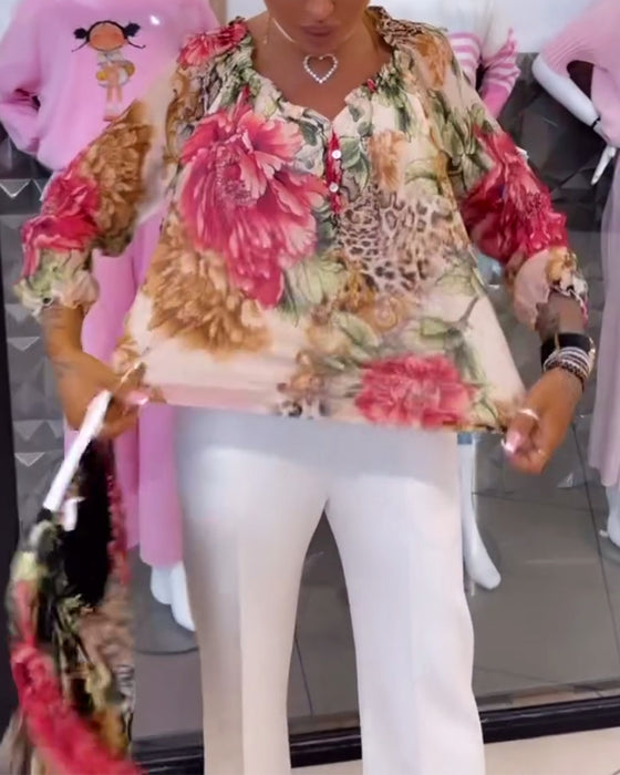 Bluse Med V-Hals Blomsterprint