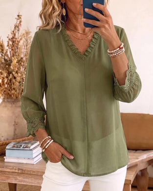 Bluse V-Hals Ruffle Blonder Patchwork
