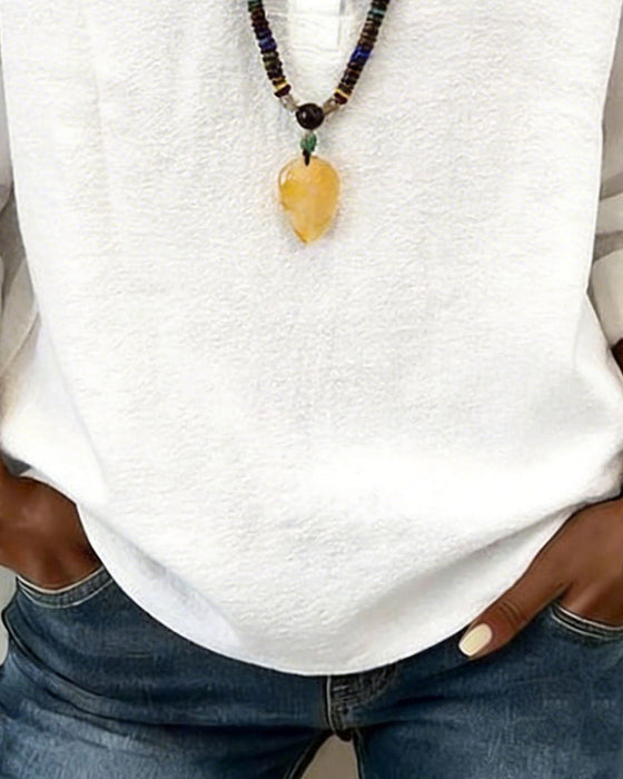 Bluse Rund Hals Knap Lukning Langærme