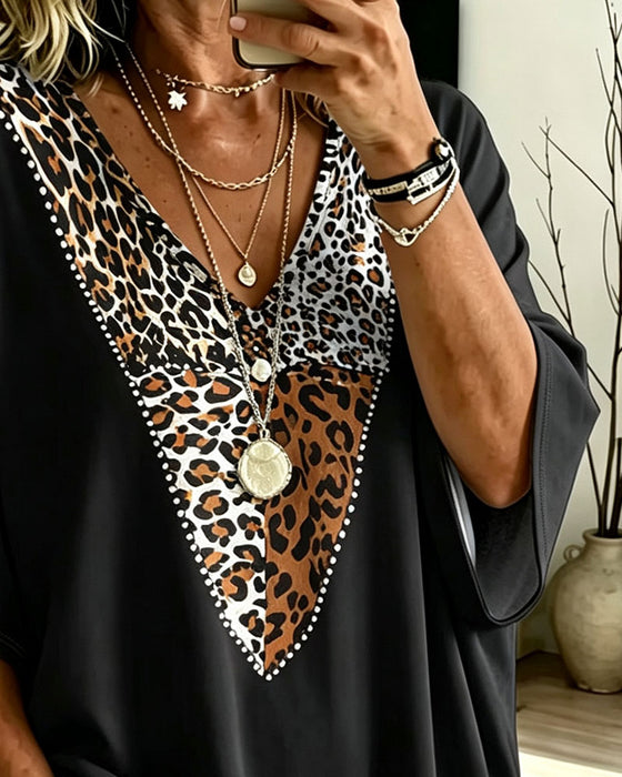 T-Shirt Løs Flagermus Ærme V-Hals Leopard Tryk