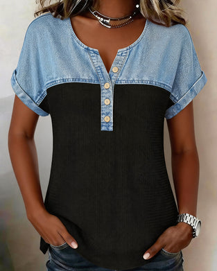 Bluse Denim Patchwork Kort Ærme