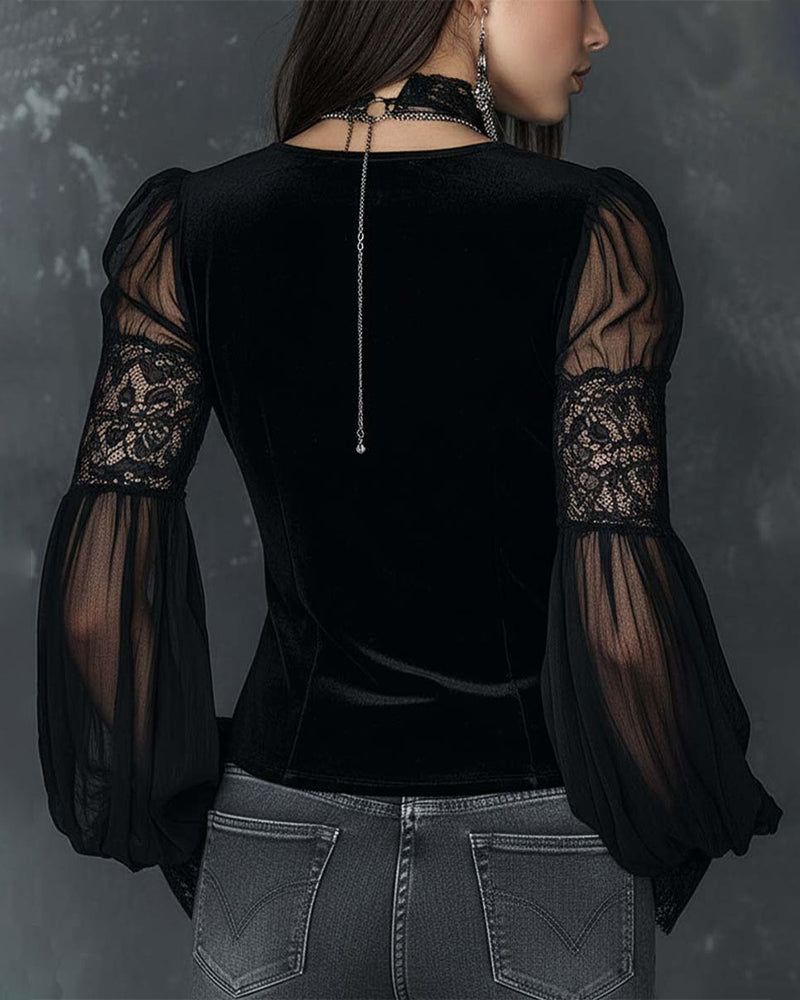 Bluse Knap-Ned V-Udskæring Puf ærme