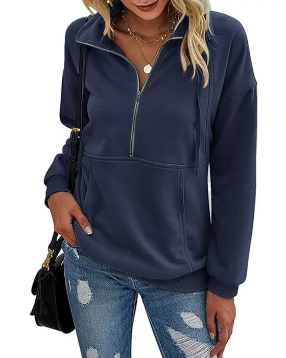 Sweatshirt Ensfarvet Revers Lynlås Lomme