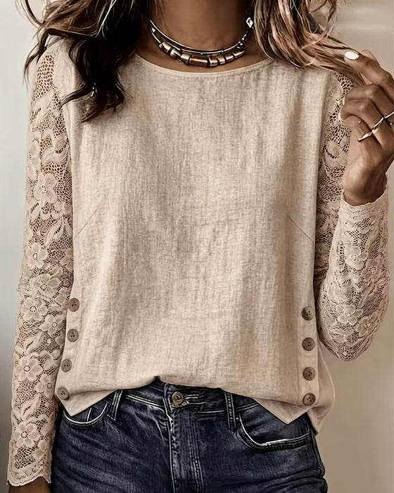 Bluse Rund Hals Knappet Blonder Patchwork Langærmet