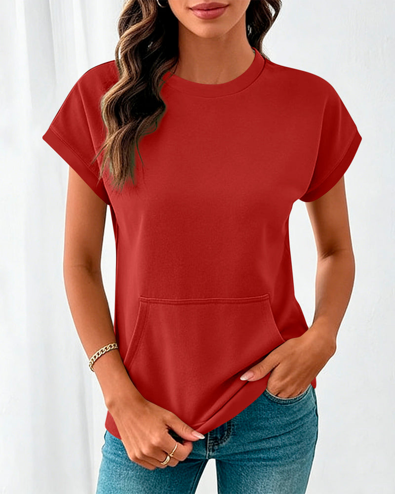 Bluse Forlomme Ensfarvet Rund Hals