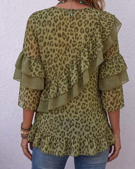 Bluse V-Hals Ruffle Leopard