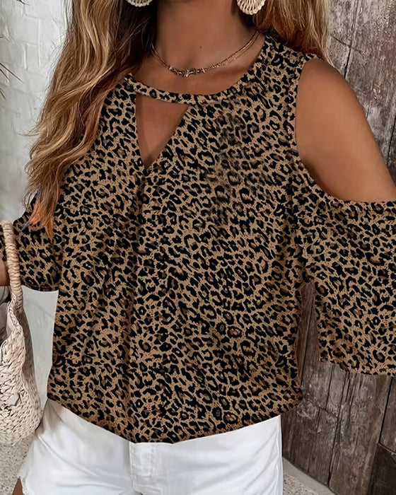 Bluse Leopardtryk Cold Shoulder Mode