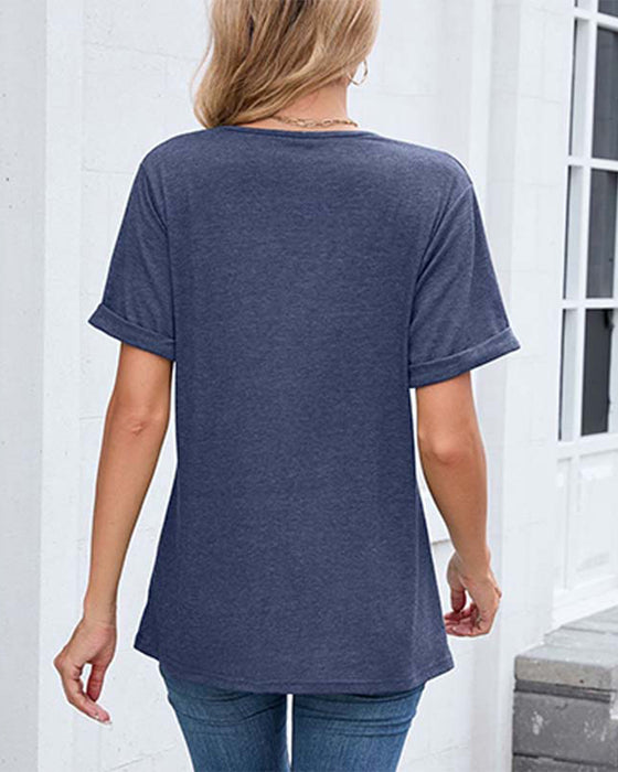 T-Shirt Ensfarvet V-Udskæring Afslappet Korte Ærmer