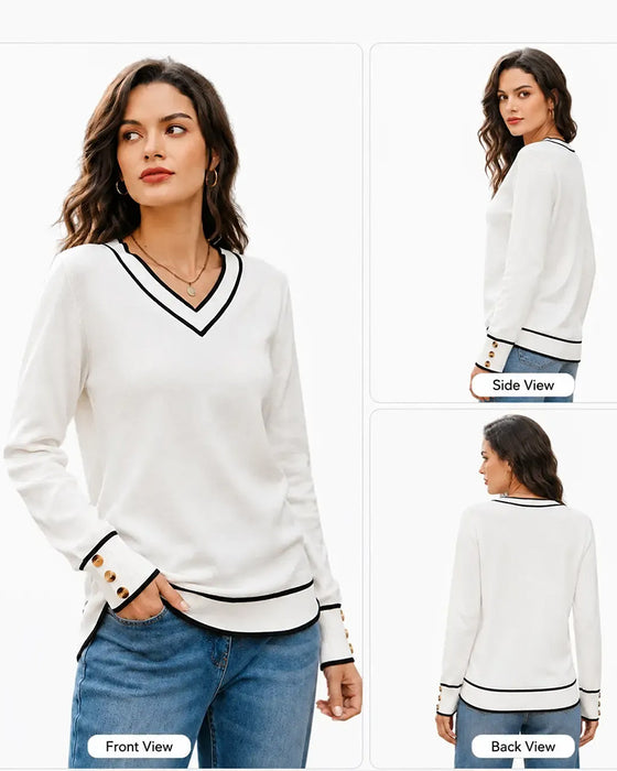 Pullover Med Farveblok V-Hals Og Trykknapper