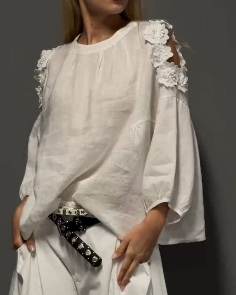 Bluser Rund Hals Udskæring Off-Shoulder 3D Blomstret
