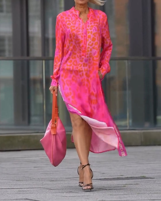 Kjole Langærmet Leopardskriftt Splits