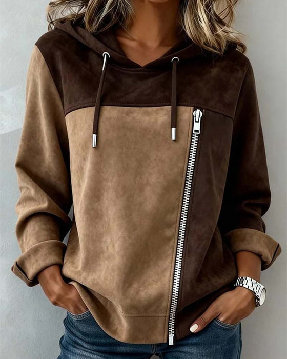 Hoodie Med Hætte Snor Kontrast Lynlås