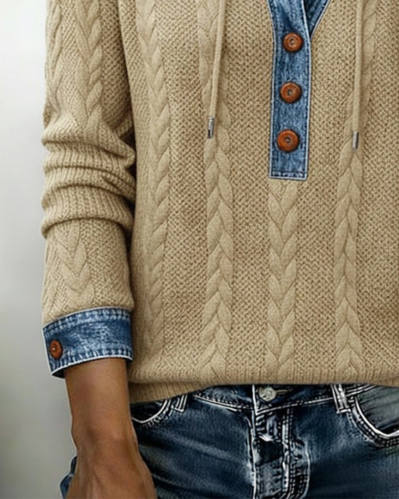 Farveblokeret Langærmet Hættetrøje Med Knapper