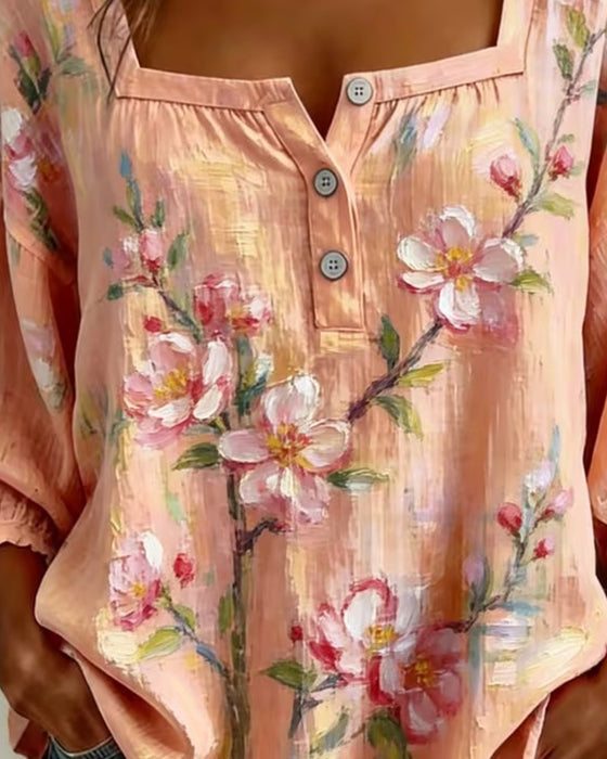 Bluse Blomstret Tryk Firkantet Halsudskæring