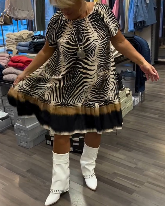 Kjole Løs Rund Hals Kort Ærme Printet