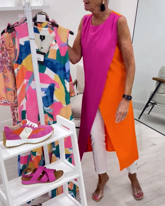 Bluse Uden Ærmer Kontrastfarve Slids Lang