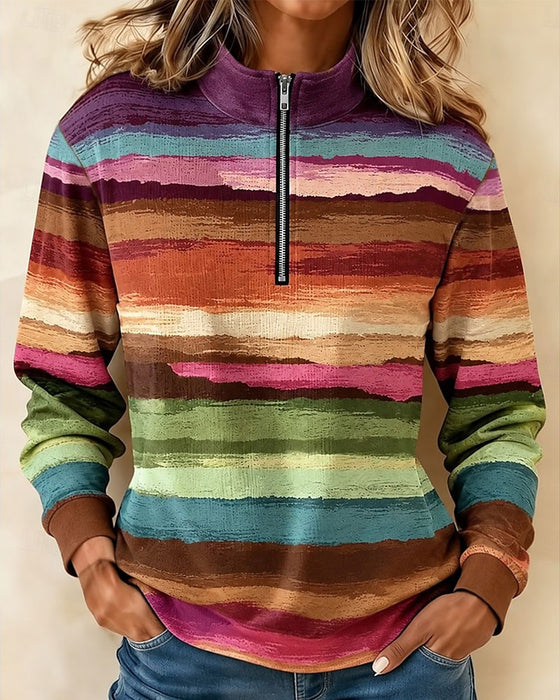 Sweatshirt Vintage Farverig Stribet Halv Lynlås Stående Krave Lang Ærme