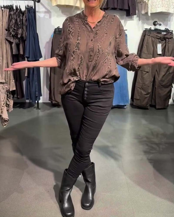 Bluse V-Hals Knap Foran Leopard Tryk Afslappet