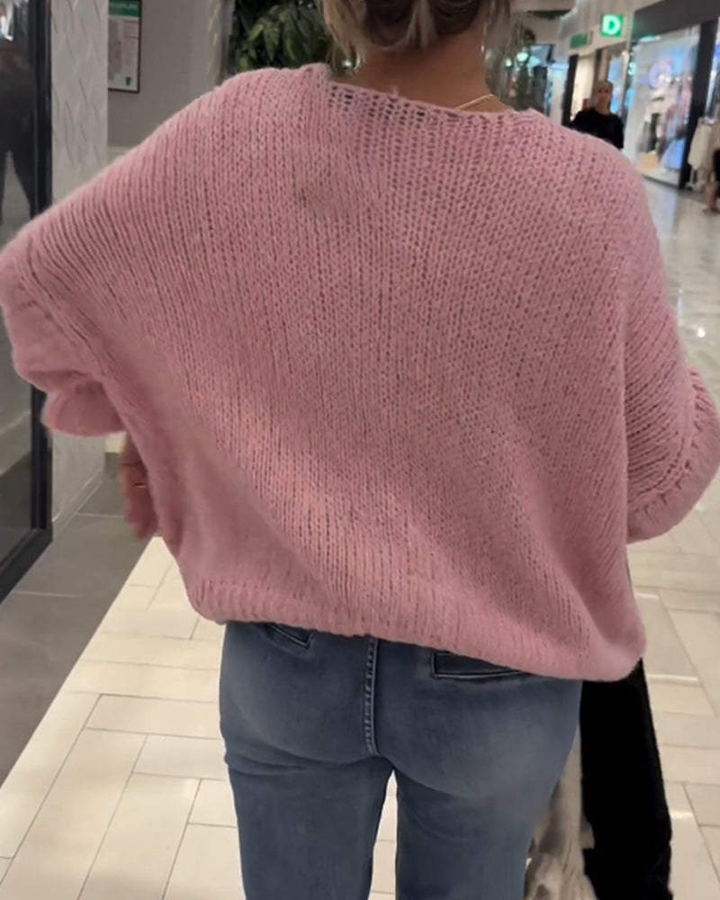 Ensfarvet strik cardigan med snøre