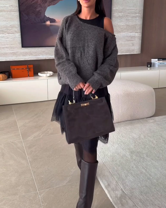 Off-Shoulder Løstsiddende Sweater & Blonder Kant Kjole