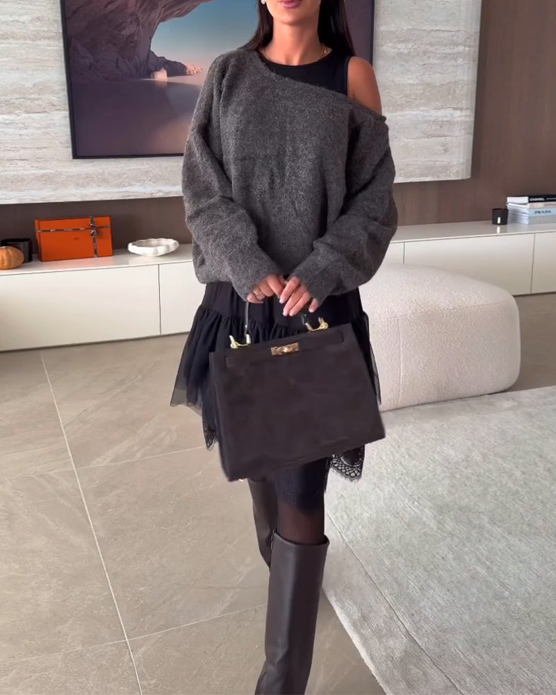 Off-Shoulder Løstsiddende Sweater & Blonder Kant Kjole