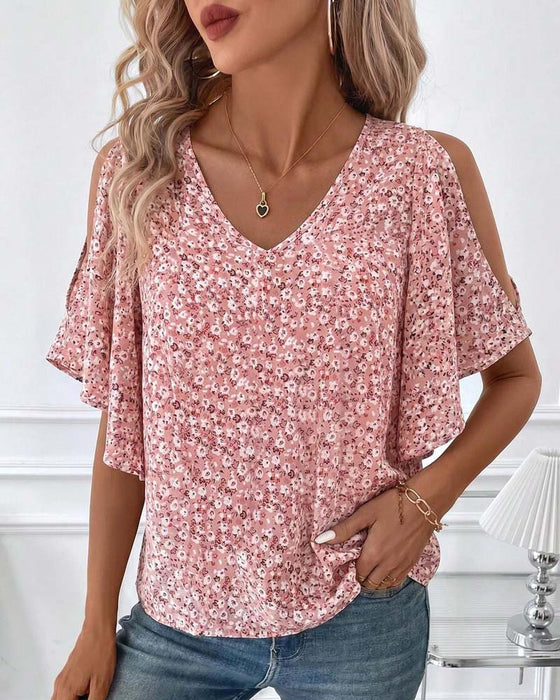 Bluse V-Hals Blomstrende Off-Shoulder Flutter Ærme
