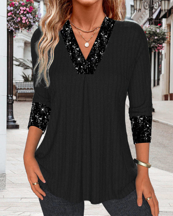 Afslappet ensfarvet patchwork plisseret top med pailletter