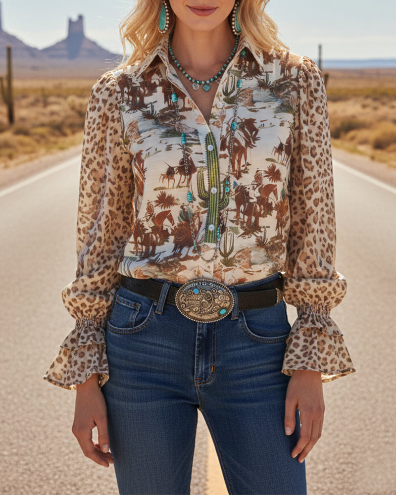 Skjorte Krave Vintage Tryk Puf Ærme