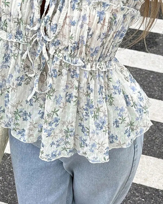 Bluse Blomstret Flutter Ærme V-Hals Bindebånd