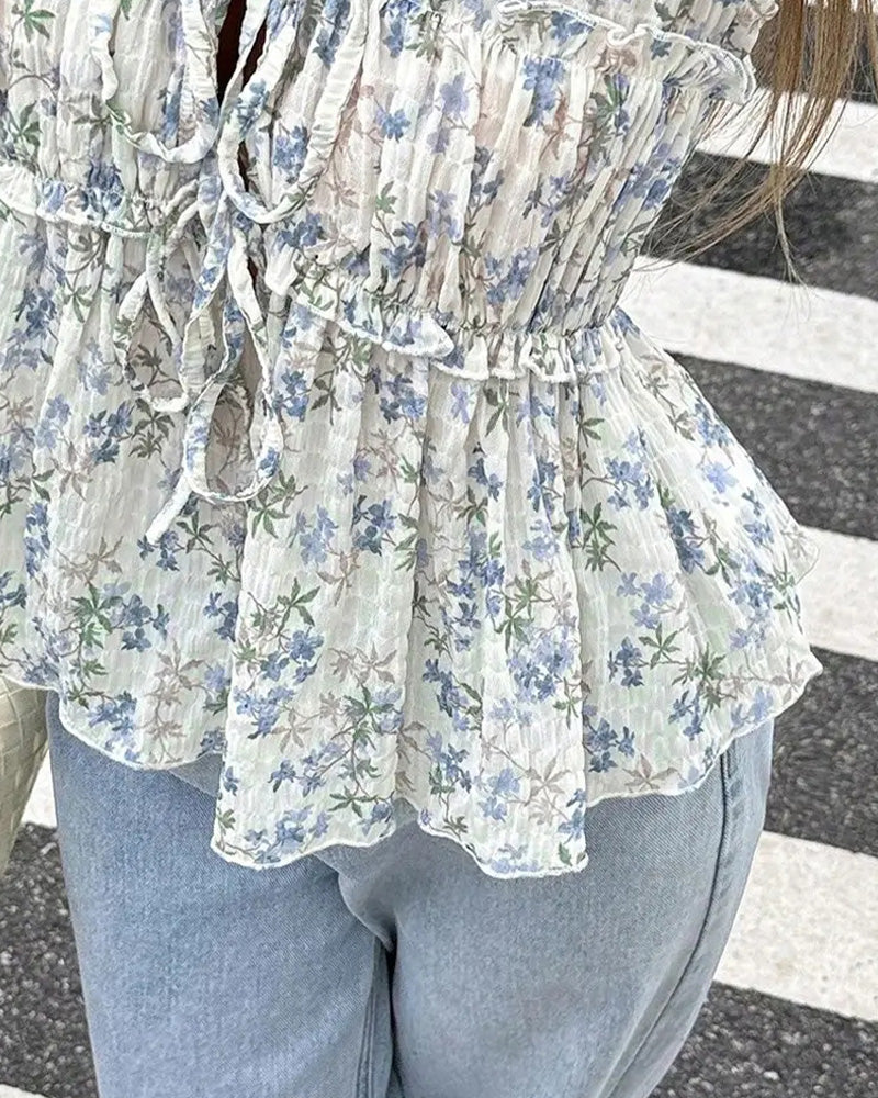 Bluse Blomstret Flutter Ærme V-Hals Bindebånd