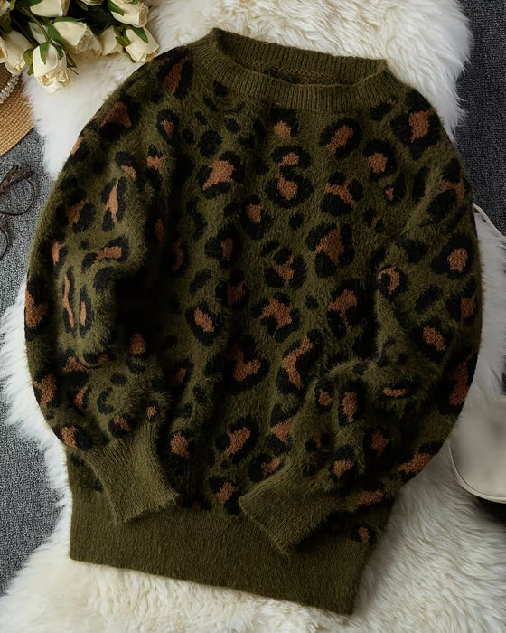 Pullover Off-Shoulder Leopardmønster Langærmet