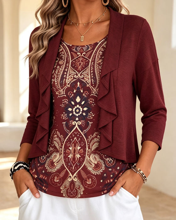 Bluse Imitation Todelt Ruffle Tryk