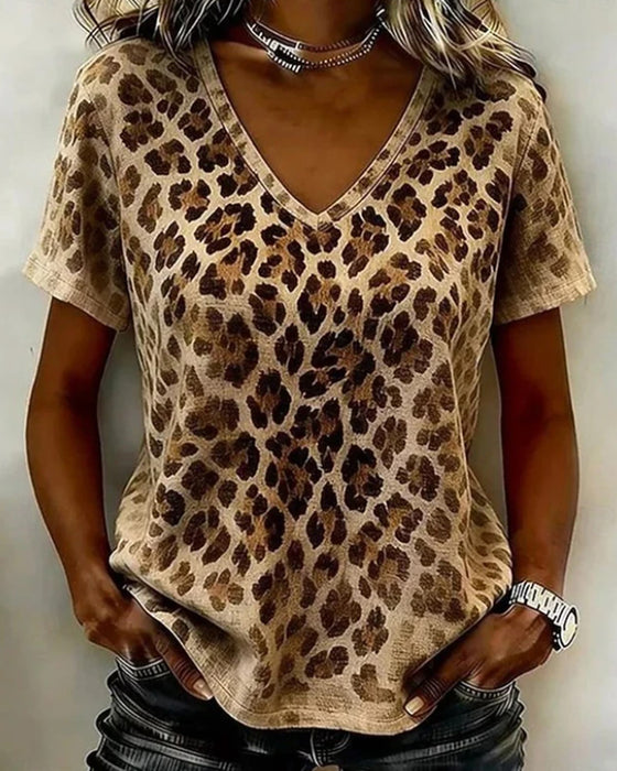 T-Shirt V-Hals Leopard Tryk Gradient Kortærmet