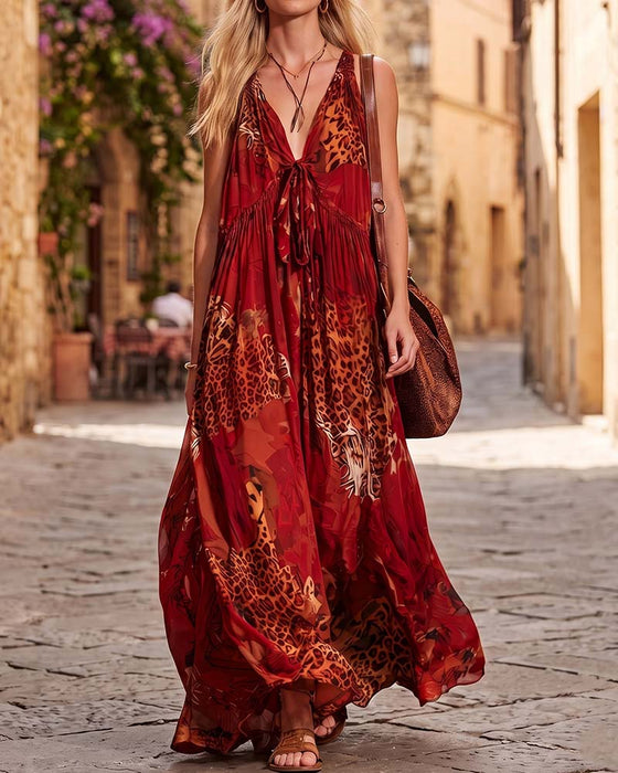 Kjole V-Hals Leopard Bohemisk Spagettibånd Maxi