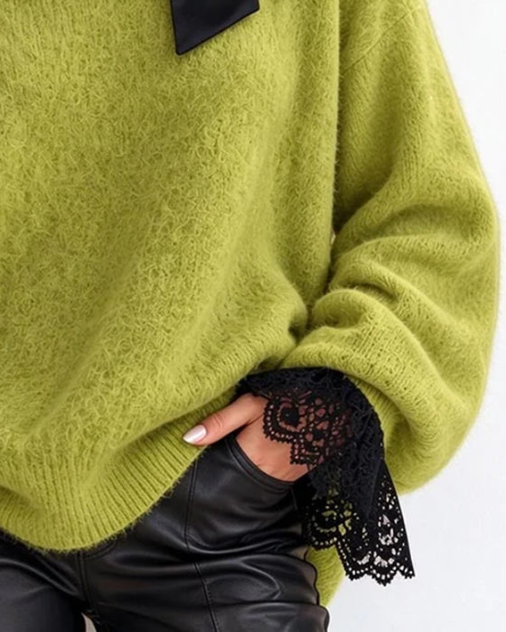 Pullover Turtleneck Sløjfe Off-Shoulder Blonde Patchwork