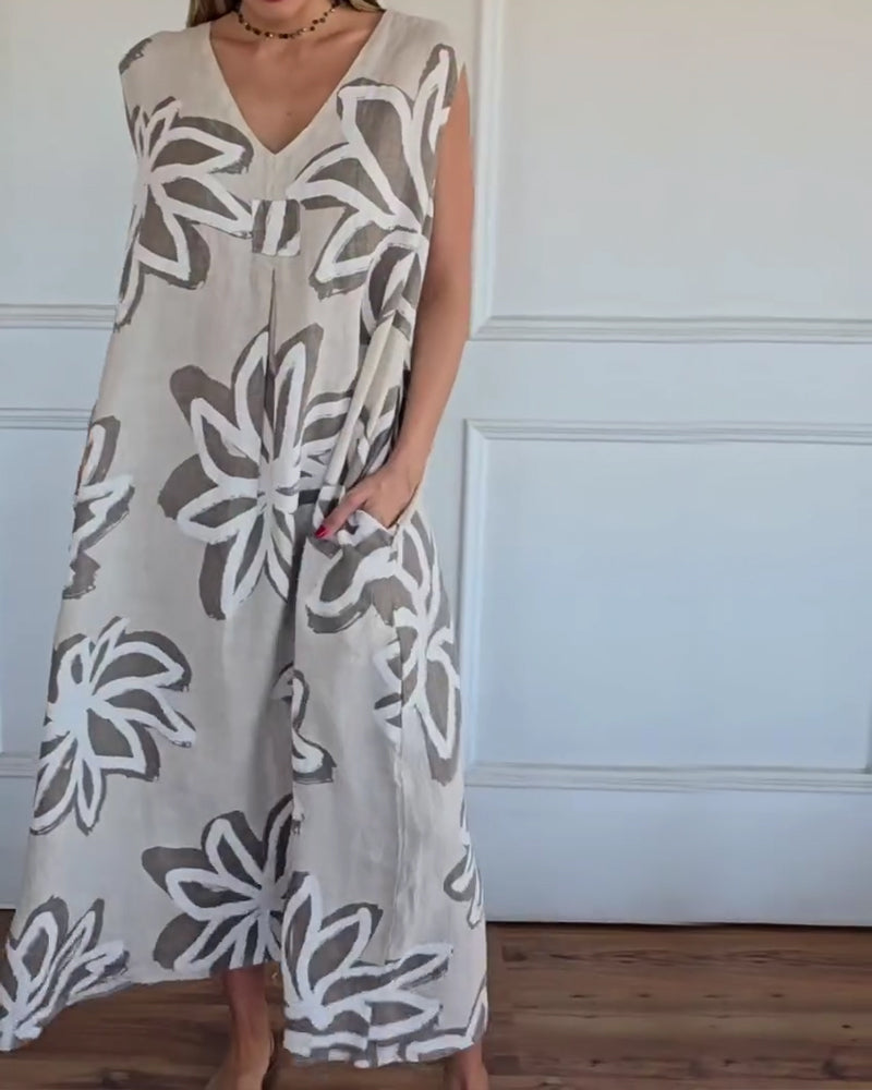 Kjole V-Hals Abstrakt Blomstret Ærmeløs