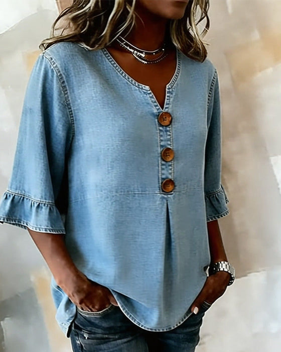 Bluse V-Udskæring Udvidet Ærme Denim