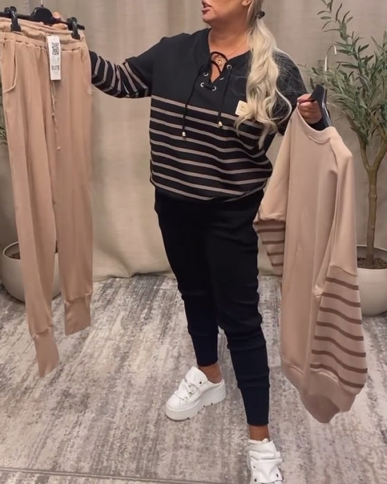 Todelt Sæt Med Afslappet Stribet Sportsbuks Ved Anklen