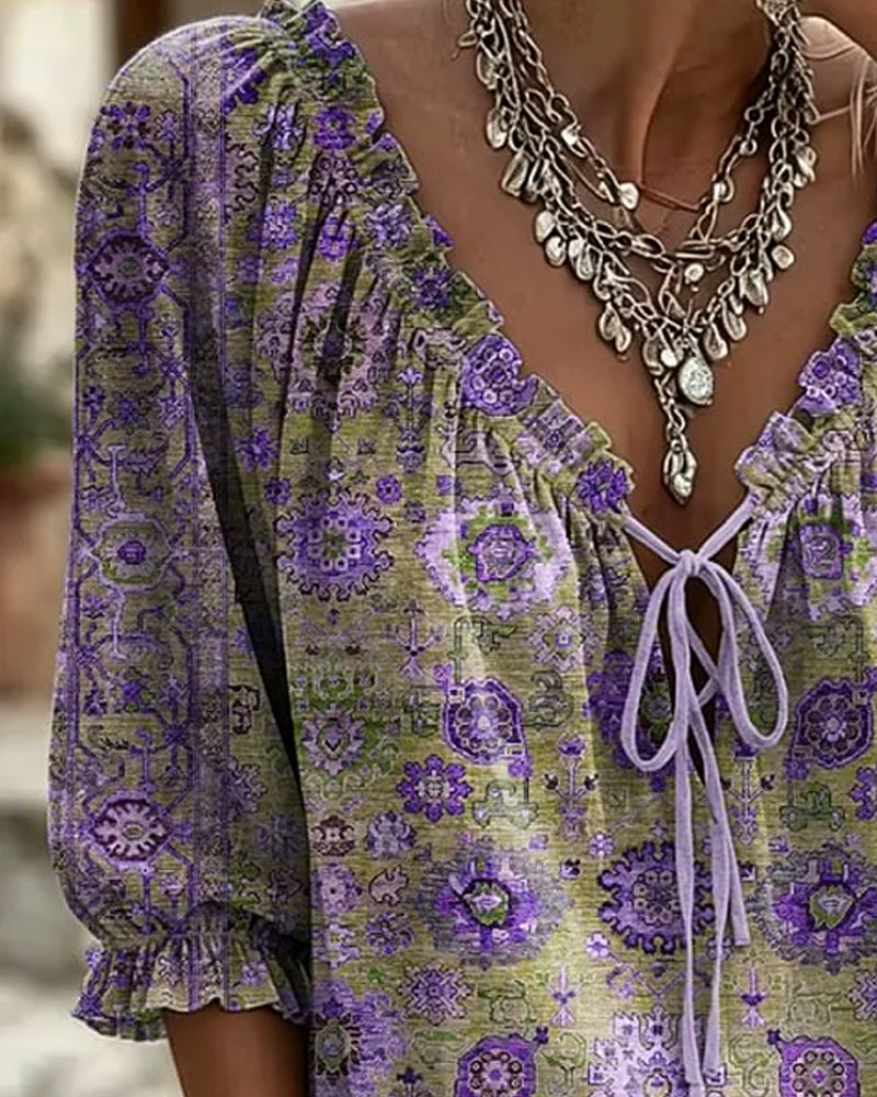 Bluse V-Hals Bindebånd Vintage Tryk
