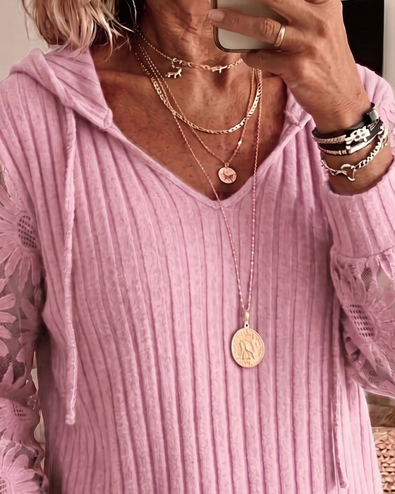 Bluse Hætte V-Hals Blonder Patchwork Ribbet