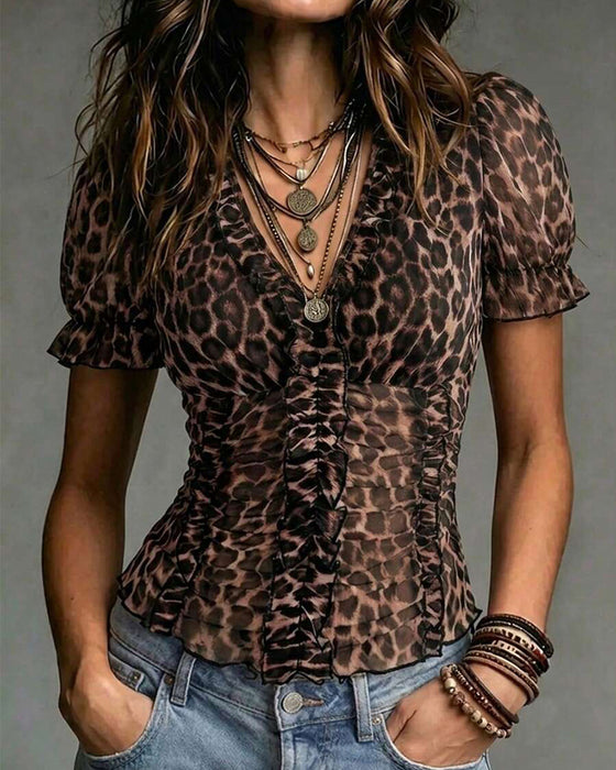 Bluse V-Hals Leopard Tryk Ruffle Pufærme