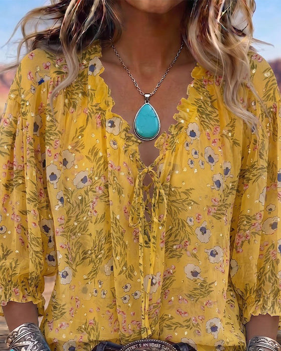 Bluse Casual Blomstret Bindebånd