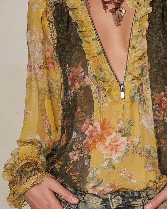 Halvlås Blomstertryk Bluse